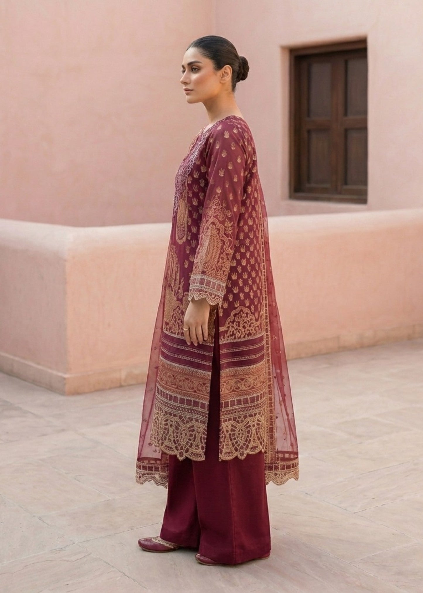 Brown Lawn Embroidered Suit with Organza Dupatta Online in Sri Lanka India Australia