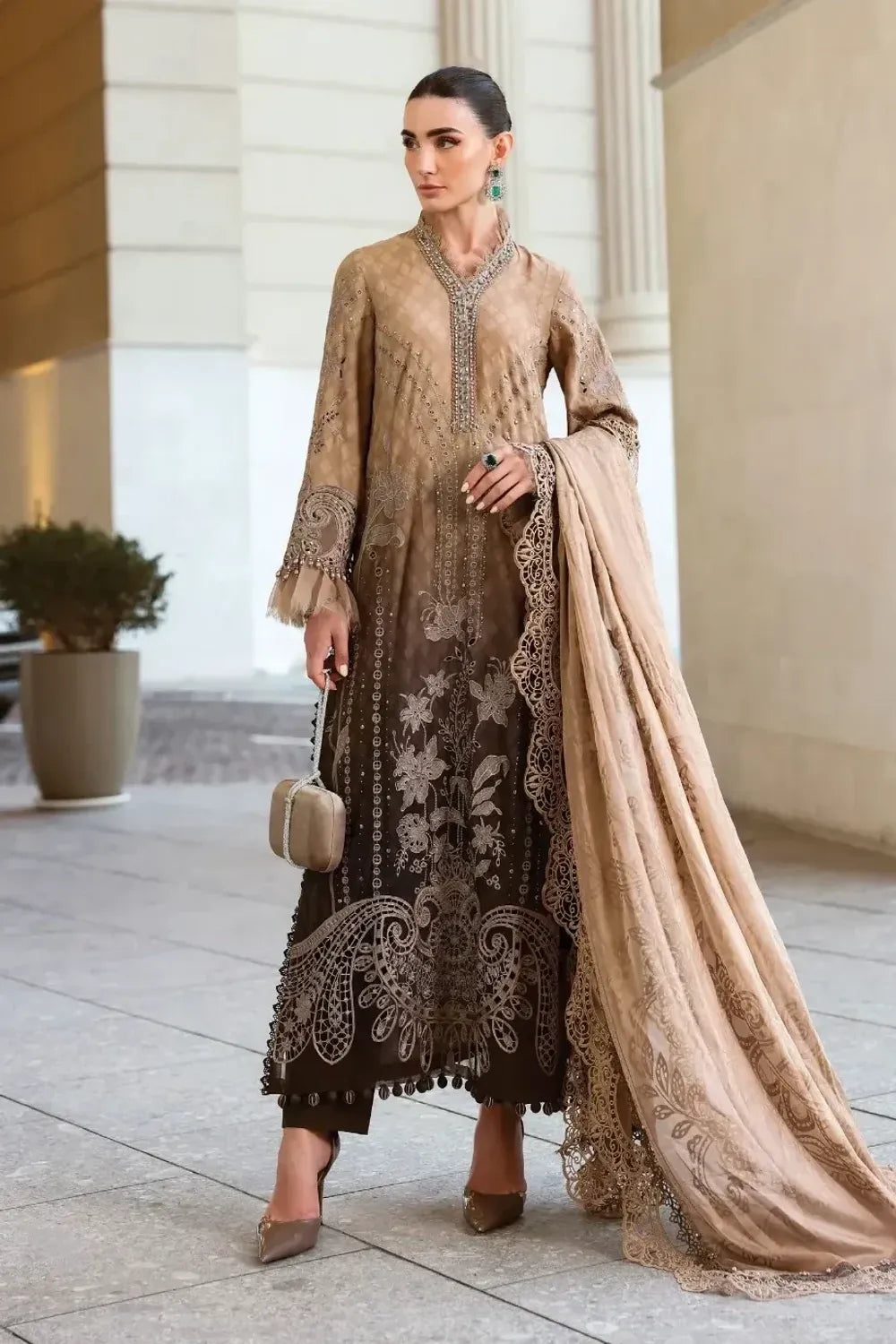Brown Luxury Lawn Formal Wear Suit Online in Dubai UAE Abudhabi Ajman Sharjah
