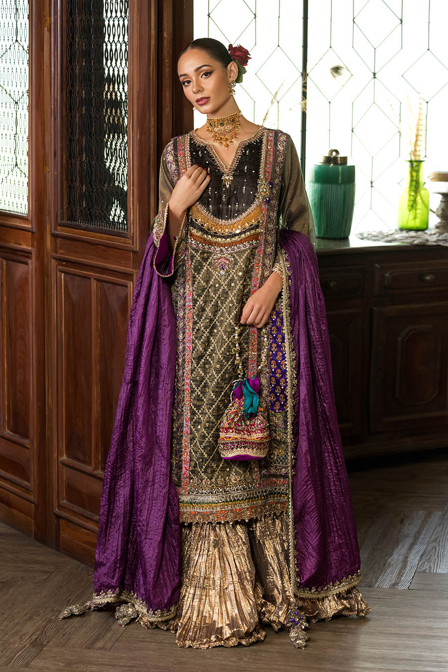 Brown Mesuri Net Sharara with Purple Silk Dupatta Online in Sri Lanka India Australia