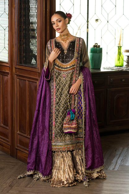 Brown Mesuri Net Sharara with Purple Silk Dupatta Online in Sri Lanka India Australia