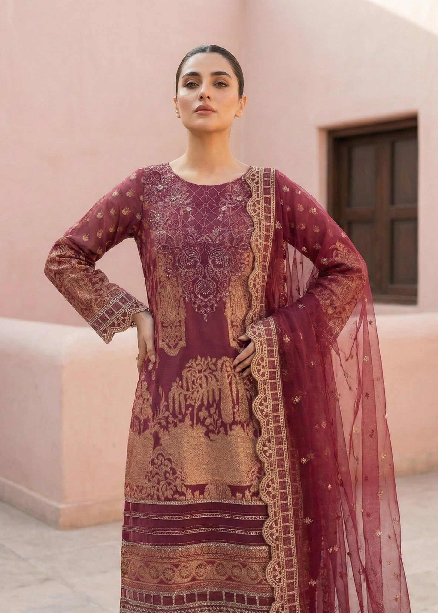 Brown Organza Dupatta Embroidered Lawn Suit Online in Sri Lanka India Australia