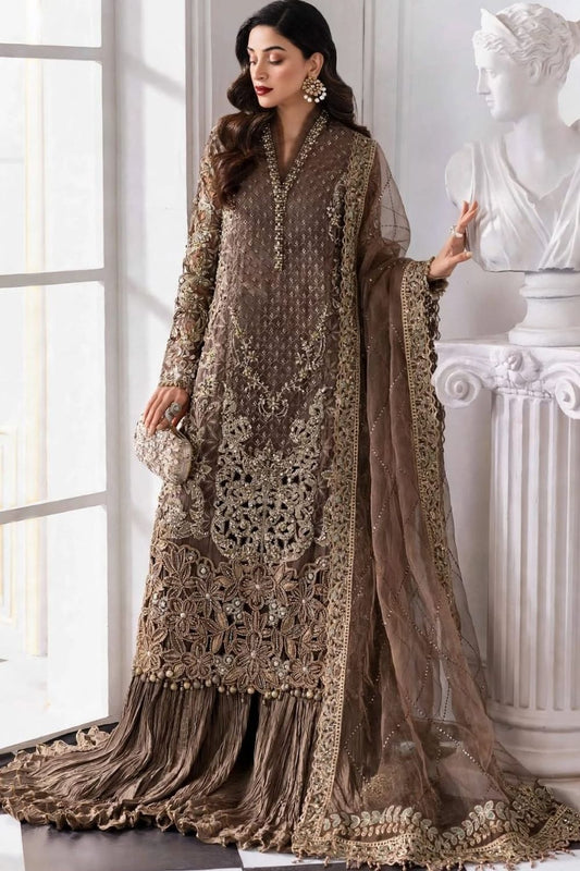 Brown Organza Pakistani Suit Online in Dubai UAE Abudhabi Ajman Sharjah