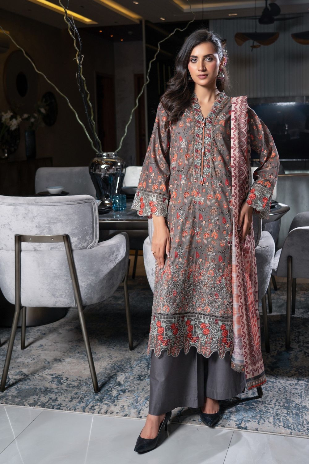 Brown Patchwork Lawn Pakistani Designer Suit Online in Dubai UAE Abudhabi Ajman Sharjah