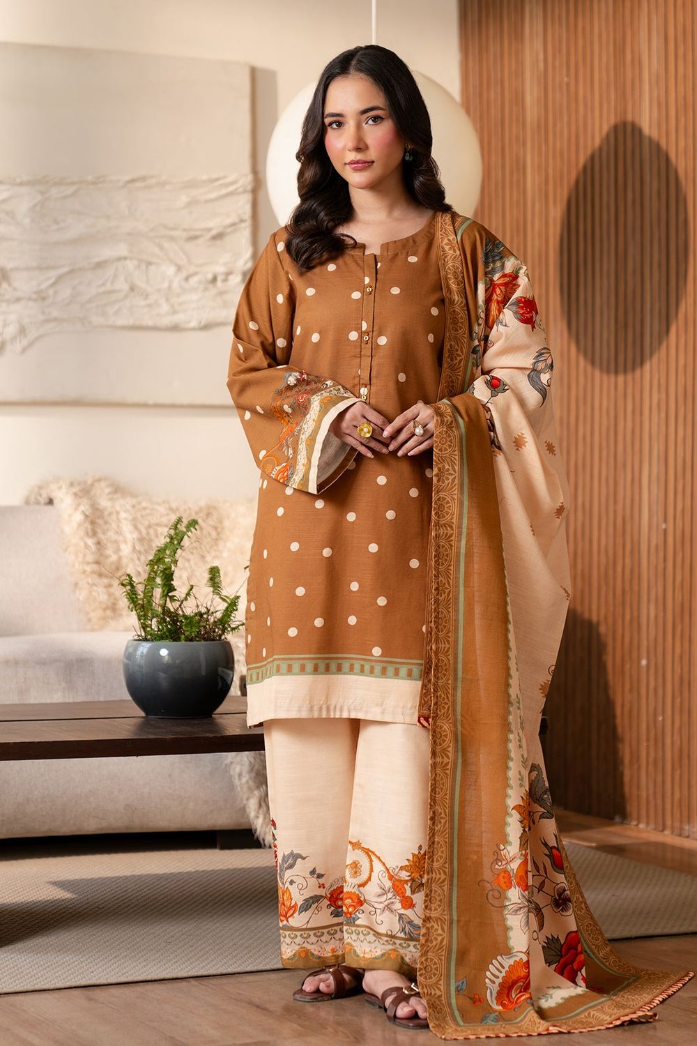 Brown Printed Khaddar 3 Piece Winter Suit Online in Dubai UAE Abudhabi Ajman Sharjah