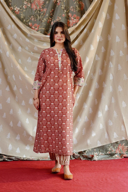 Brown Printed Lawn Kurta Set Online in Dubai UAE Abudhabi Ajman Sharjah