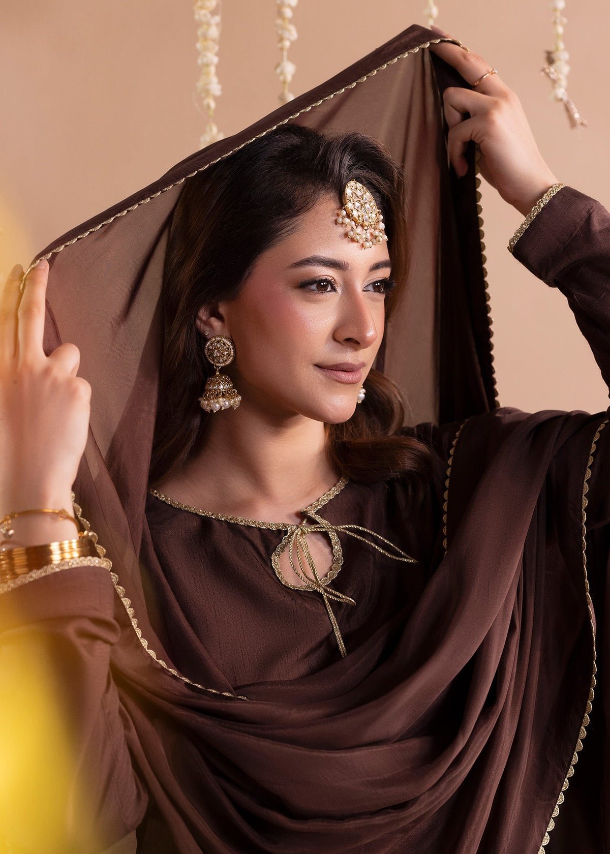 Brown Raw Silk Short Shirt and Balloon Pants Suit Online in UK USA Canada
