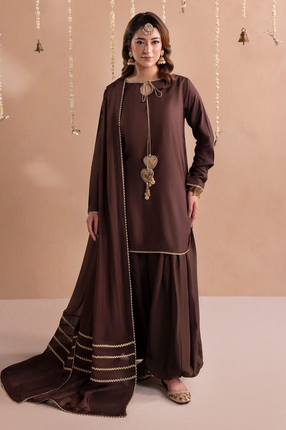 Brown Raw Silk Short Shirt with Balloon Pants and Lace Trims Online in Dubai UAE Abudhabi Ajman Sharjah
