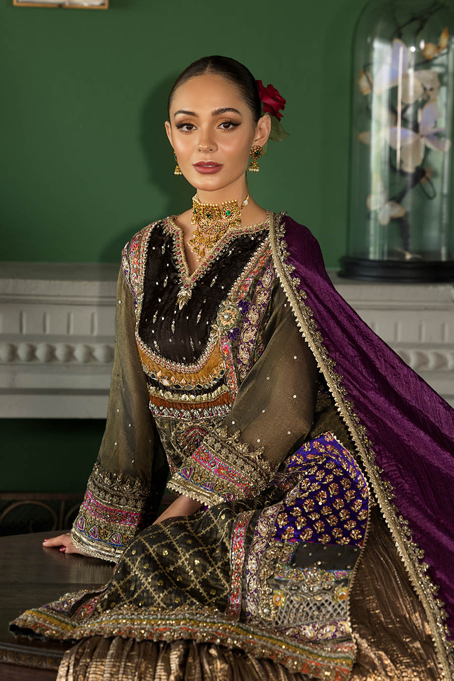 Brown Zardozi Mesuri Net Shirt with Sharara Online in KSA Riyadh Saudi Arabia Oman Bahrain Qatar