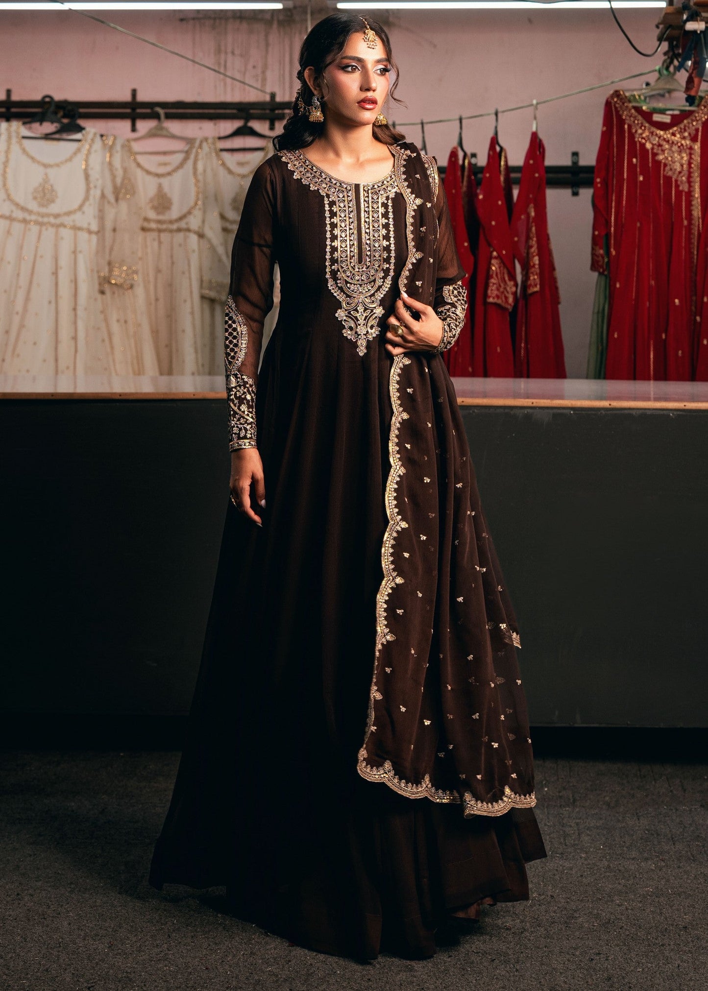 Brown Zari Embroidered Chiffon Partywear Salwar Kameez Online in Sri Lanka India Australia