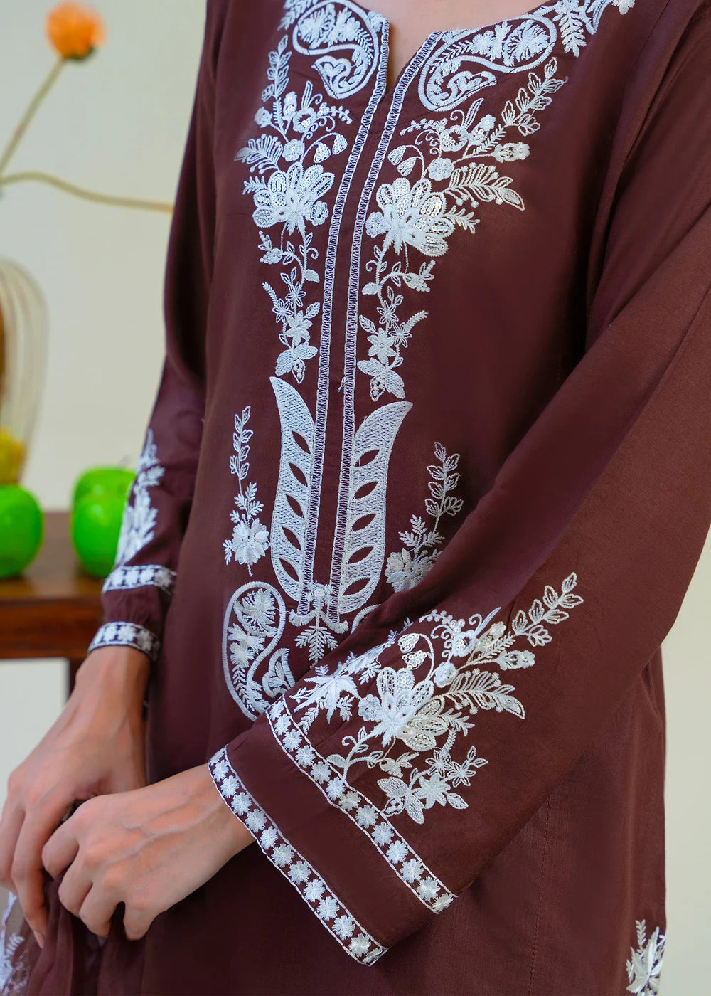 Brown Viscose Raw Silk Embroidered Kurta Set with Dupatta