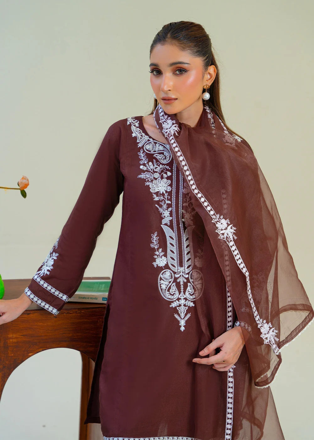 Brown Viscose Raw Silk Embroidered Kurta Set with Dupatta