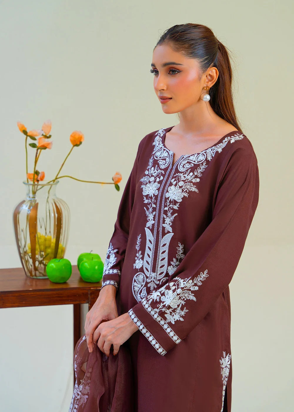 Brown Viscose Raw Silk Embroidered Kurta Set with Dupatta