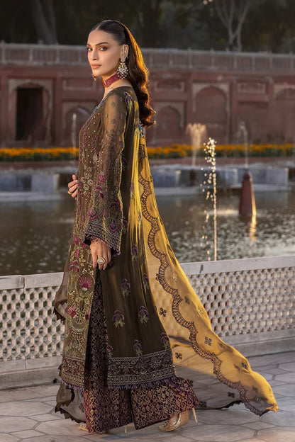 Mendhi Brown Embroidered Pure Chiffon Suit