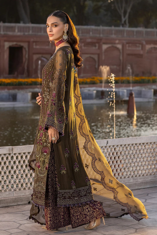 Mendhi Brown Embroidered Pure Chiffon Suit