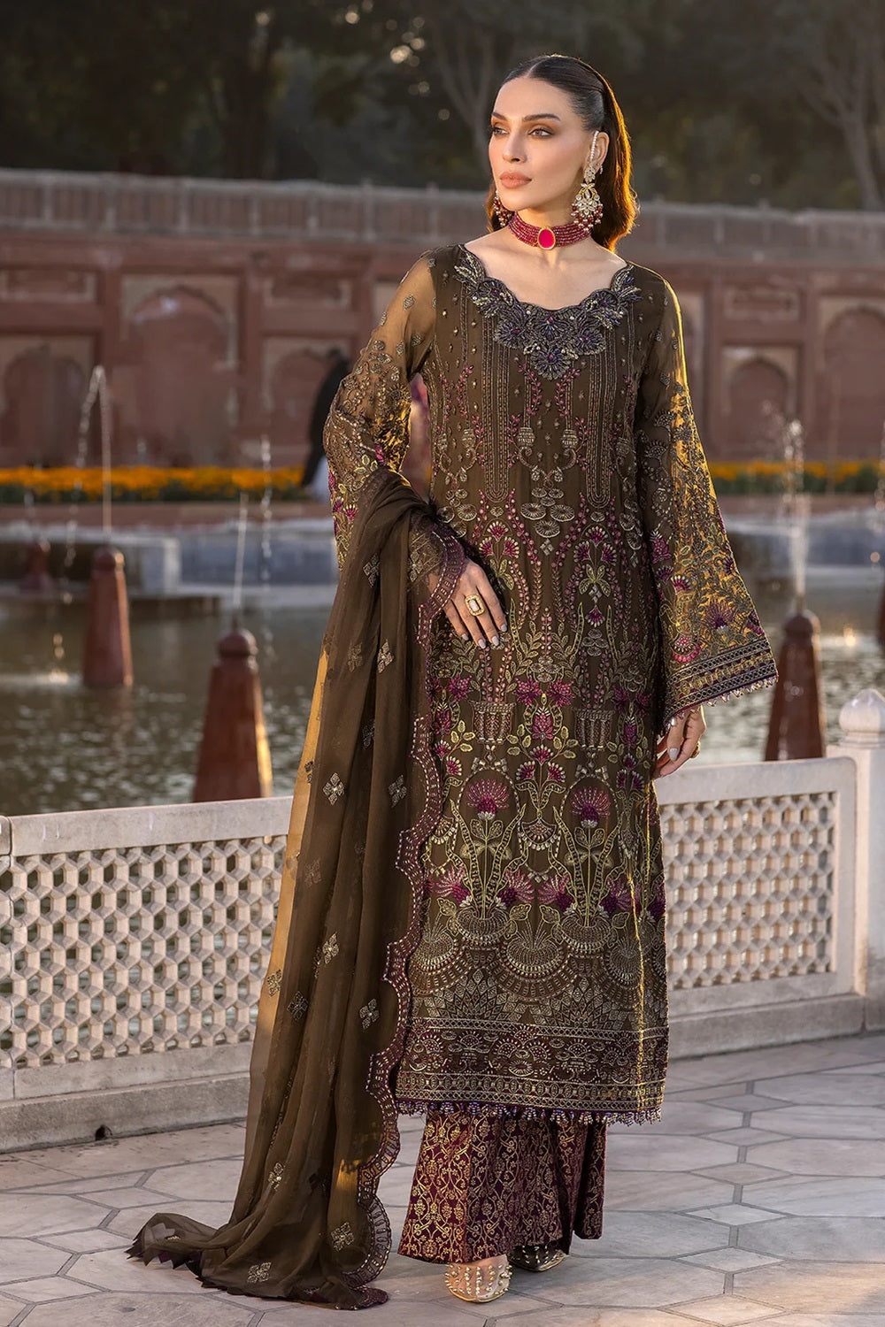 Mendhi Brown Embroidered Pure Chiffon Suit