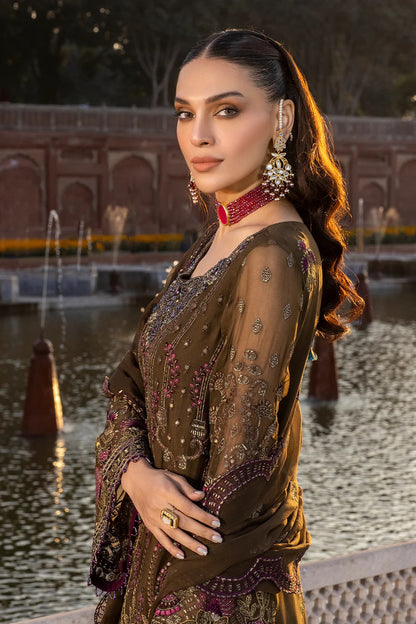 Mendhi Brown Embroidered Pure Chiffon Suit