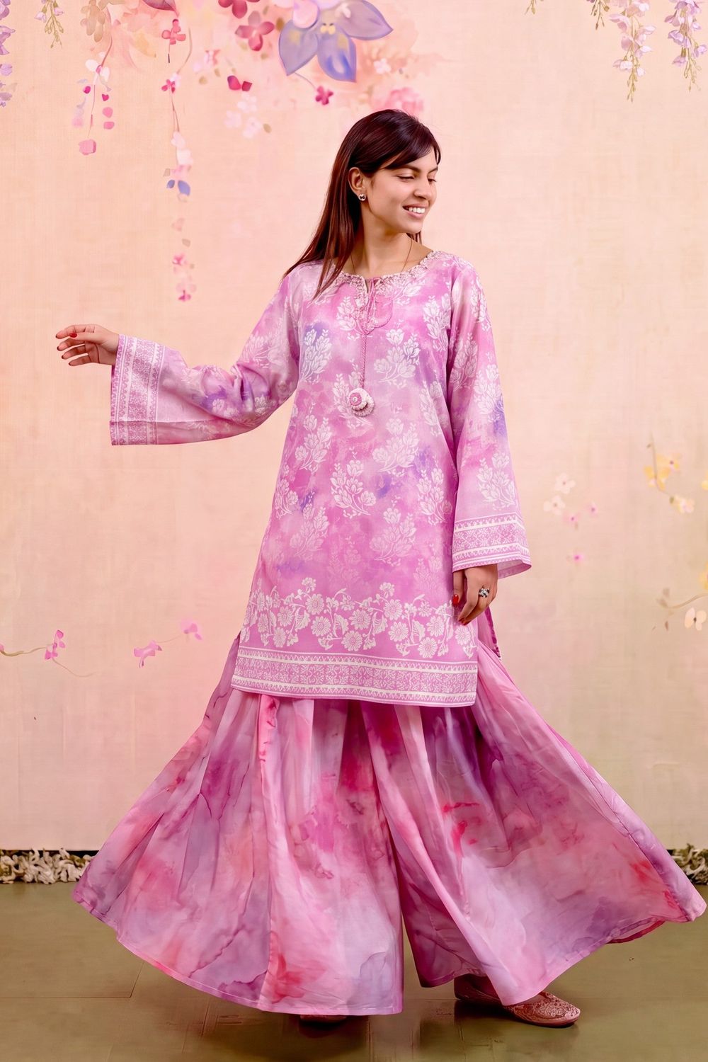 Bubblegum Pink Embellished Lawn Sharara Suit Online in Dubai UAE Abudhabi Ajman Sharjah
