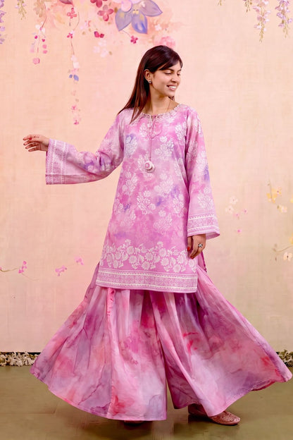 Bubblegum Pink Embellished Lawn Sharara Suit Online in Dubai UAE Abudhabi Ajman Sharjah