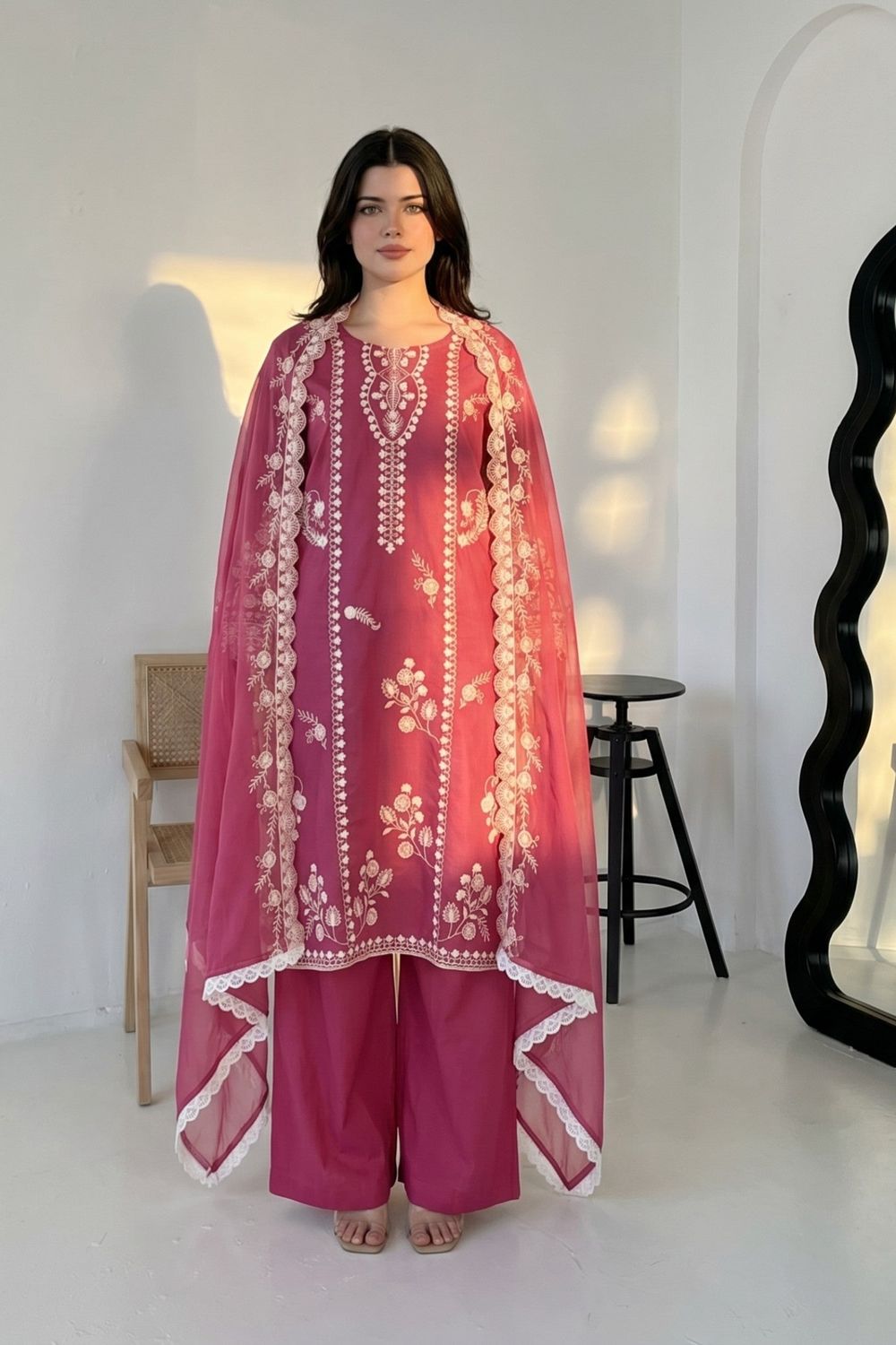 Bubblegum Pink Embroidered Lawn Cotton Kurta Set Online in Dubai UAE Abudhabi Ajman Sharjah