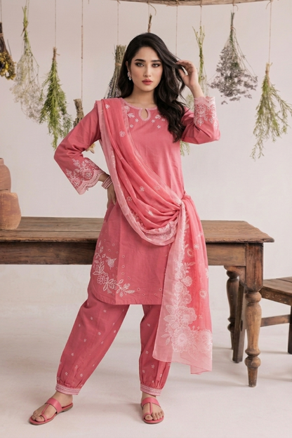 Bubblegum Pink Embroidered Lawn Pakistani Suit Online in Dubai UAE Abudhabi Ajman Sharjah