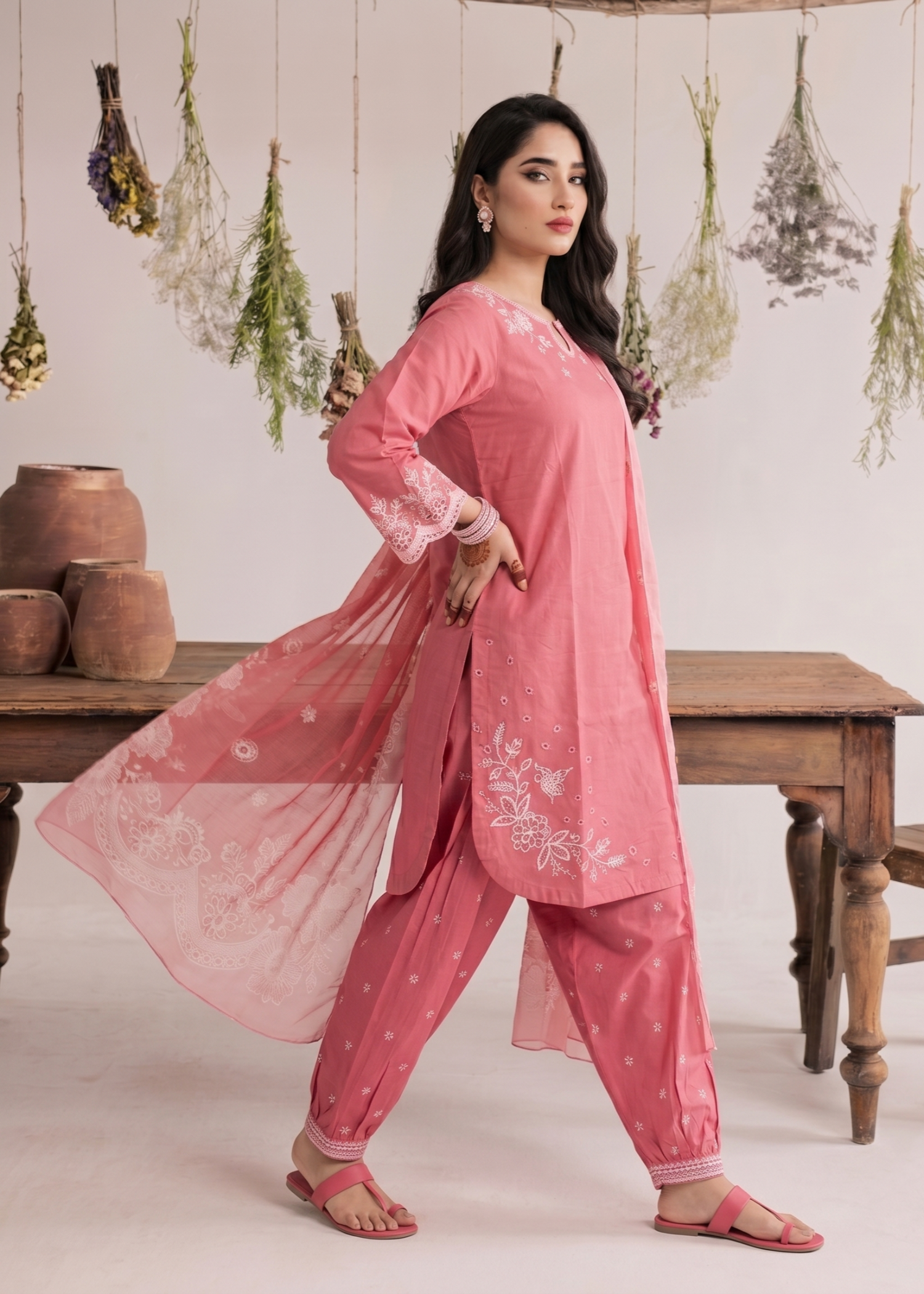 Bubblegum Pink Embroidered Lawn Party Wear Suit Online in Dubai DXB UAE Abudhabi Meena Bazaar