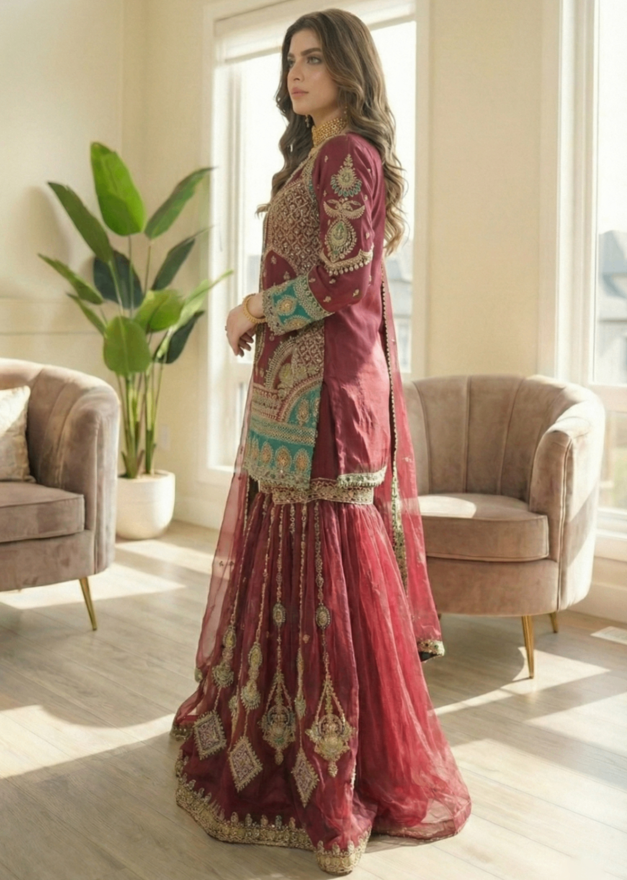 Burgundy Embellished Organza Salwar Kameez Online in Dubai DXB UAE Abudhabi Meena Bazaar