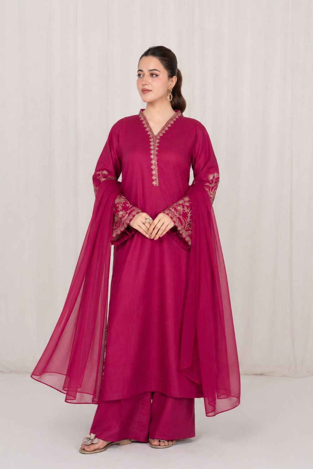 Burgundy Embroidered Lawn Kurta with Chiffon Dupatta Online in Dubai UAE Abudhabi Ajman Sharjah