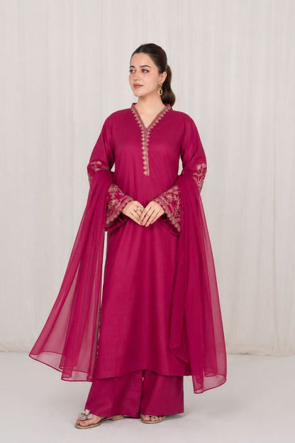 Burgundy Embroidered Lawn Kurta with Chiffon Dupatta Online in Dubai UAE Abudhabi Ajman Sharjah