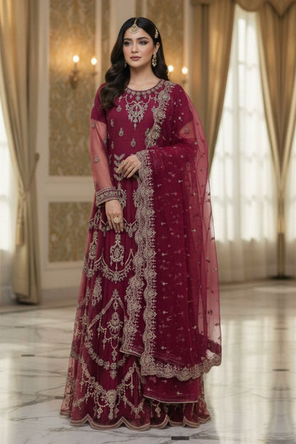 Burgundy Embroidered Net Festive Suit Online in Dubai UAE Abudhabi Ajman Sharjah