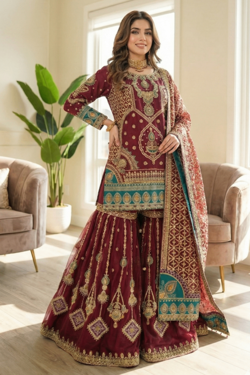 Burgundy Embroidered Organza Gharara Set Online in Dubai UAE Abudhabi Ajman Sharjah