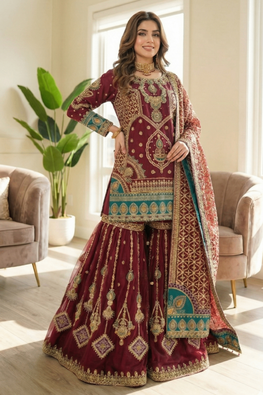 Burgundy Embroidered Organza Gharara Set Online in Dubai UAE Abudhabi Ajman Sharjah