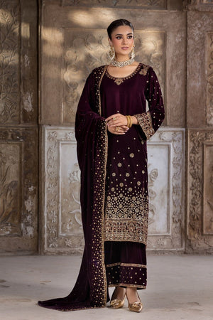 Burgundy Embroidered Velvet Pakistani Suit Online in Dubai UAE Abudhabi Ajman Sharjah