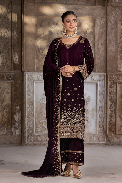 Burgundy Embroidered Velvet Pakistani Suit Online in Dubai UAE Abudhabi Ajman Sharjah