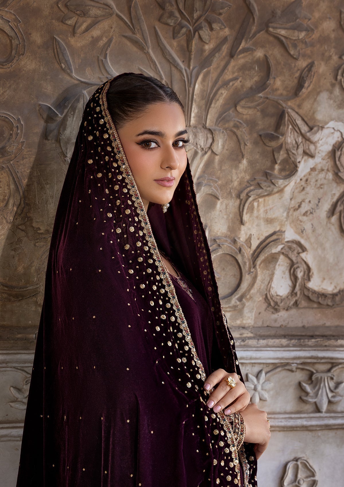 Burgundy Embroidered Velvet Shalwar Kameez Online in UK USA Canada