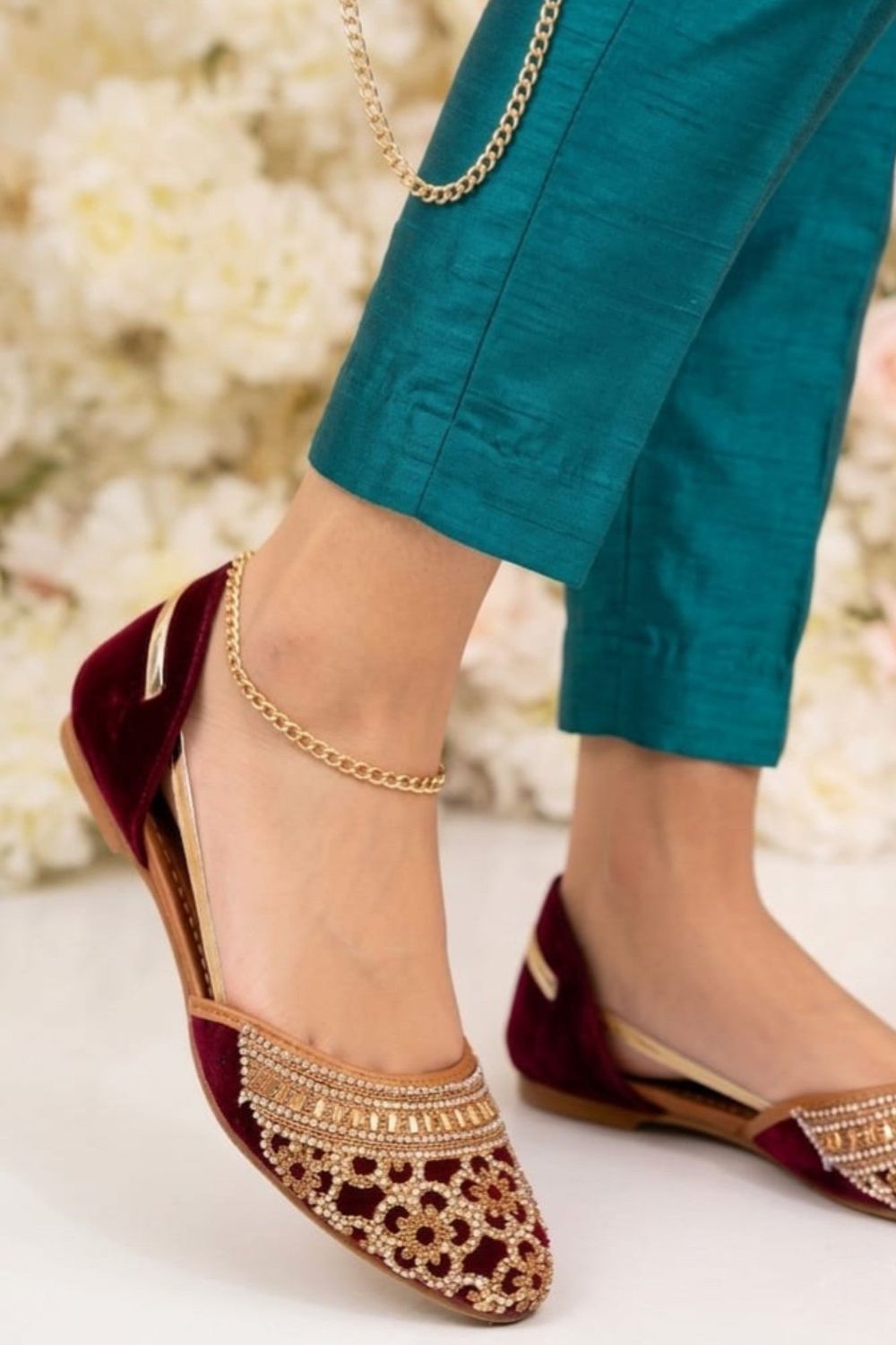 Burgundy Velvet Embroidered Khussa Online in Dubai UAE Abudhabi Ajman Sharjah