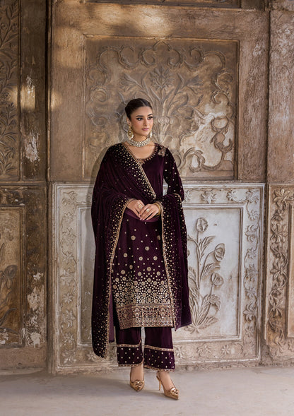 Burgundy Velvet Embroidered Shalwar Kameez Online in UK USA Canada