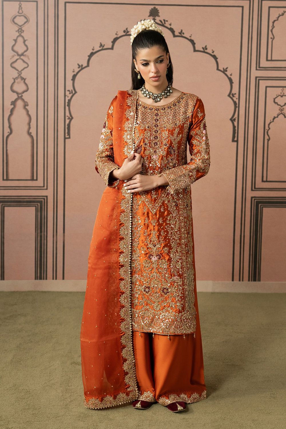 Burnt Orange Embellished Organza Wedding Outfit Online in Dubai UAE Abudhabi Ajman Sharjah