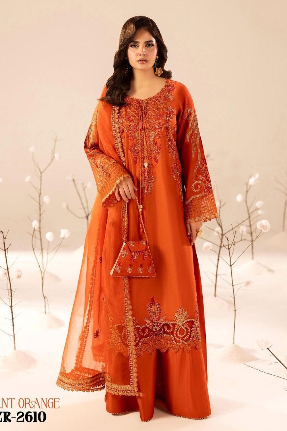 Burnt Orange Embellished Raw Silk Ready to Wear Suit Online in Dubai UAE Abudhabi Ajman Sharjah