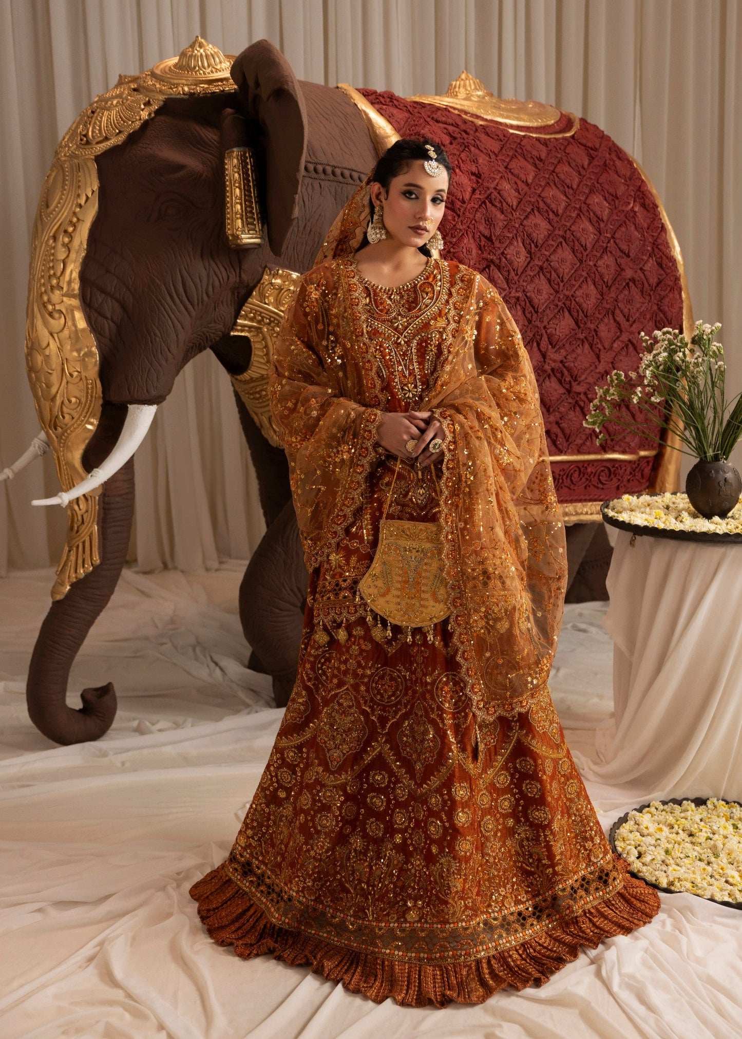 Burnt Orange Embroidered Lehenga with Dupatta Online in Dubai DXB UAE Abudhabi Meena Bazaar