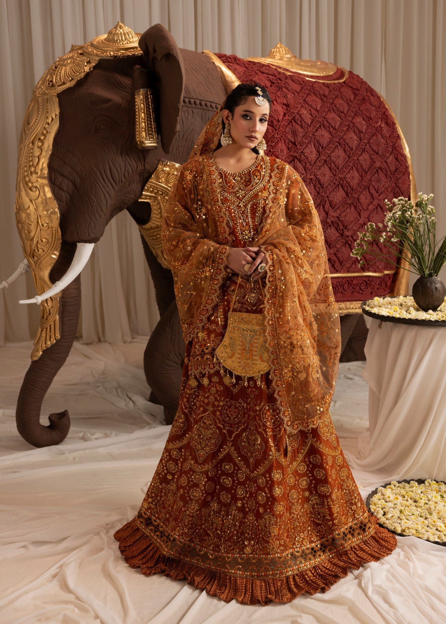 Burnt Orange Embroidered Lehenga with Dupatta Online in Dubai DXB UAE Abudhabi Meena Bazaar