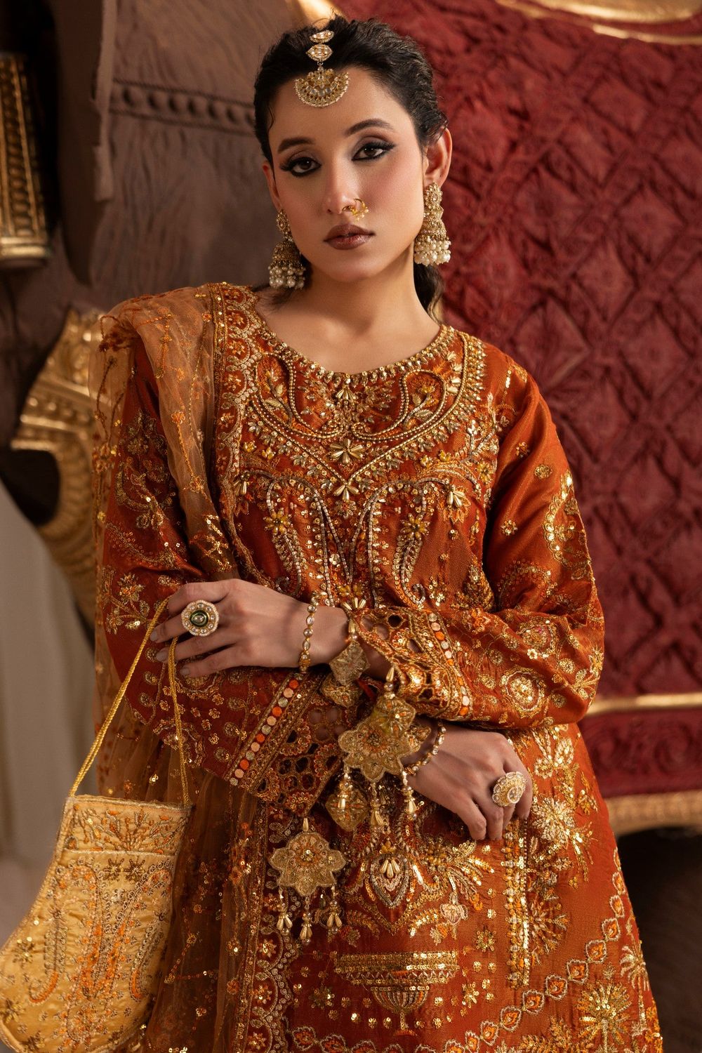 Burnt Orange Embroidered Masuri Lehenga Set Online in Dubai UAE Abudhabi Ajman Sharjah