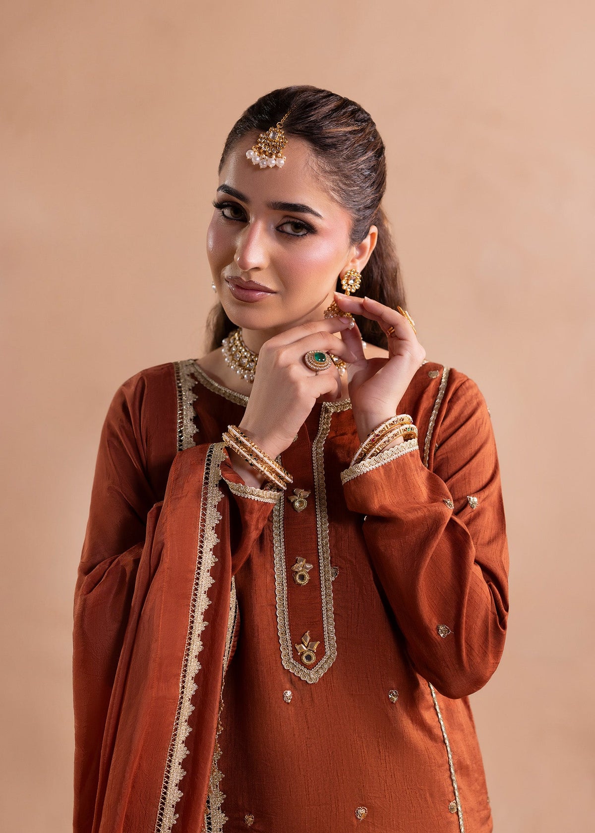 Burnt Orange Embroidered Raw Silk Designer Salwar Kameez Online in Dubai DXB UAE Abudhabi Meena Bazaar