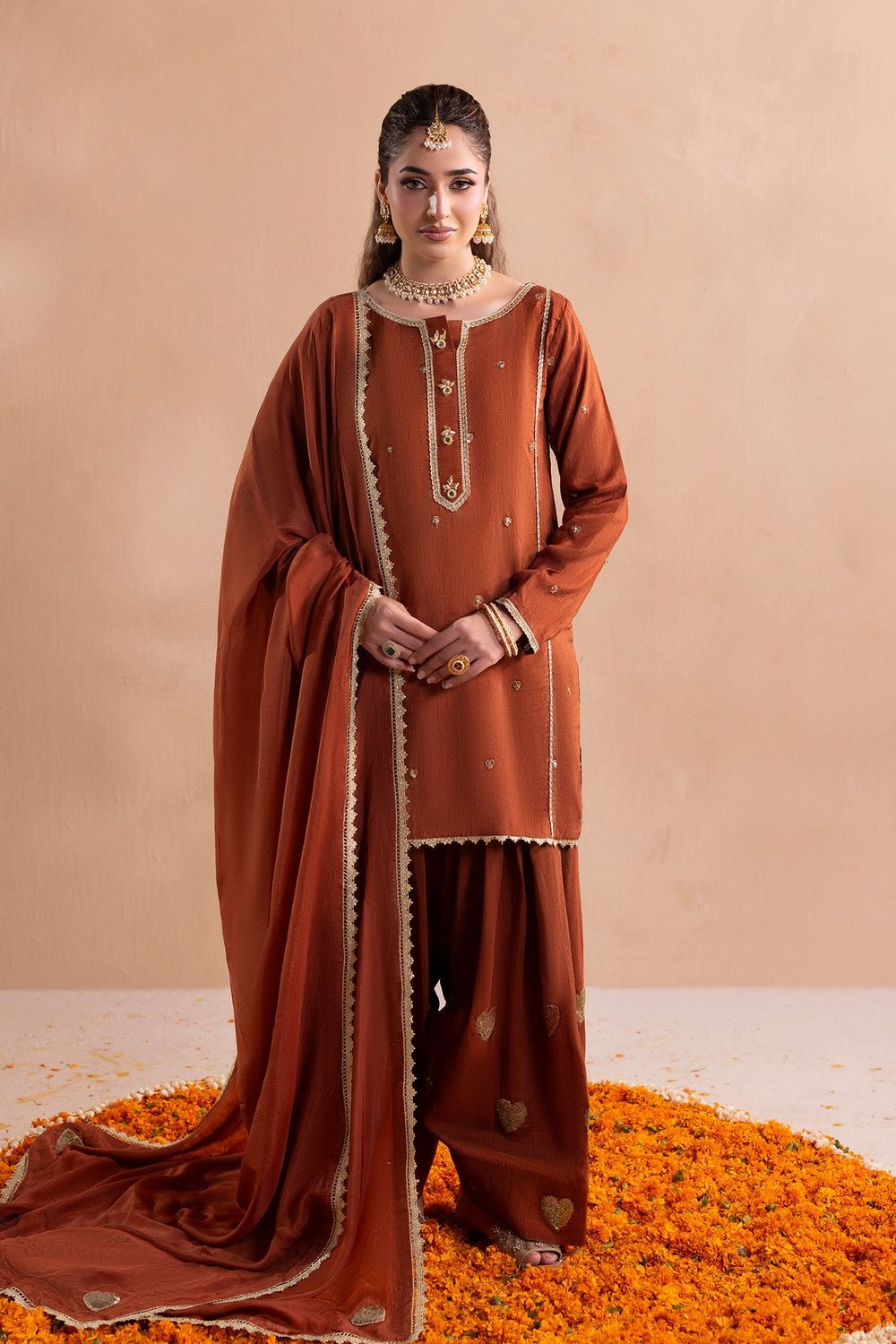 Burnt Orange Embroidered Raw Silk Farshi Shalwar Online in Dubai UAE Abudhabi Ajman Sharjah