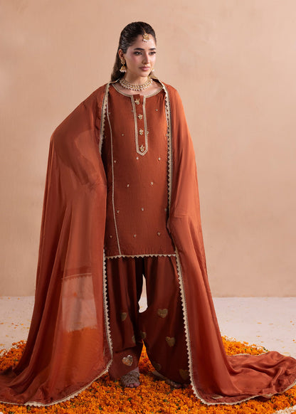 Burnt Orange Raw Silk Farshi Shalwar Pakistani Partywear Suit Online in Dubai UAE Abudhabi Ajman Sharjah