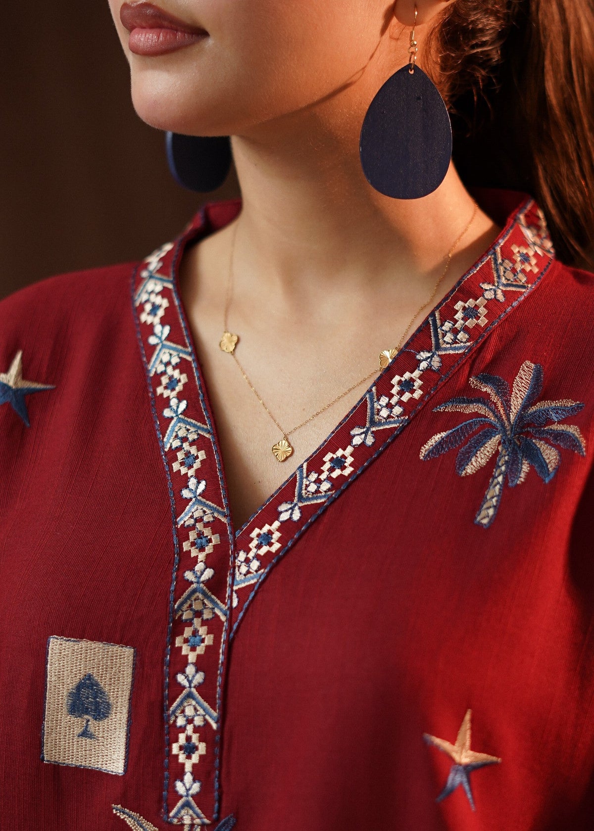 Burnt Red Embroidered Slub Khaddar Daily Wear Kurta Set Online in KSA Riyadh Saudi Arabia Oman Bahrain Qatar