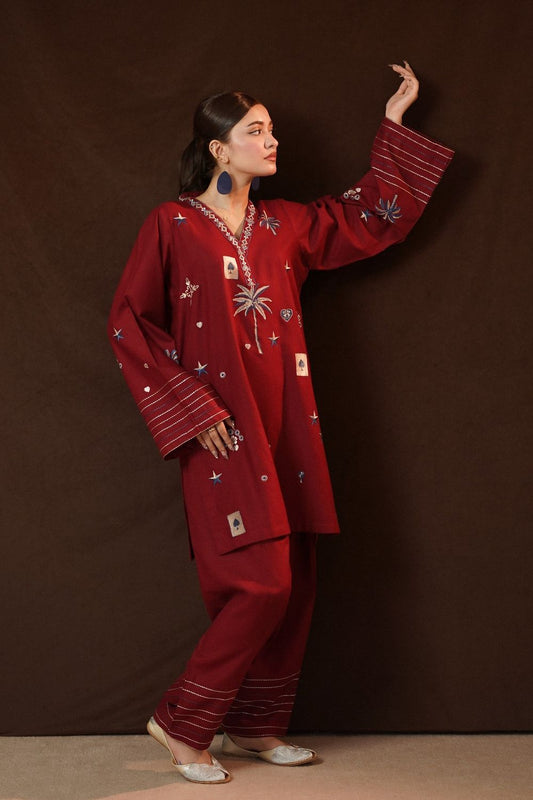 Burnt Red Embroidered Slub Khaddar Kurta Set Online in Dubai UAE Abudhabi Ajman Sharjah