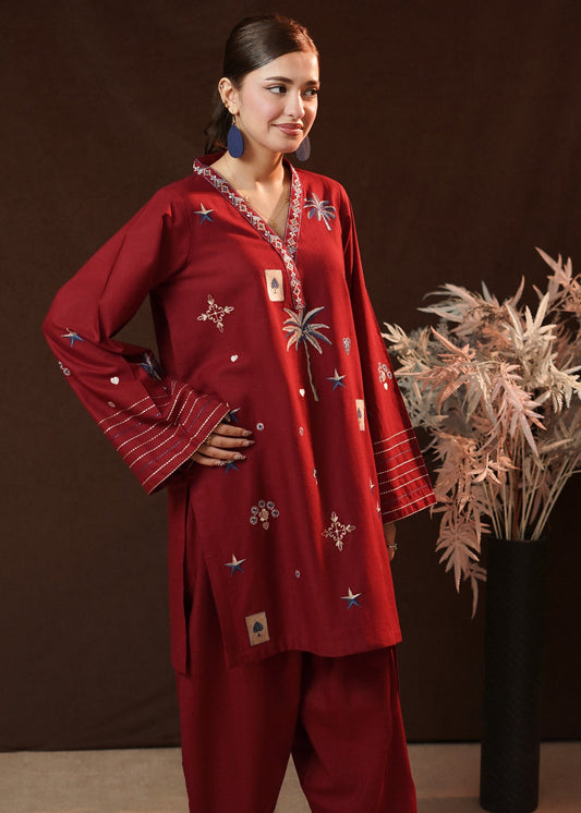 Burnt Red Embroidered Slub Khaddar Pakistani Clothes Online in Dubai DXB UAE Abudhabi Meena Bazaar