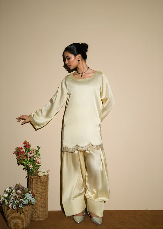 Butter Yellow Embellished Silk Farshi Shalwar Online in Dubai DXB UAE Abudhabi Meena Bazaar