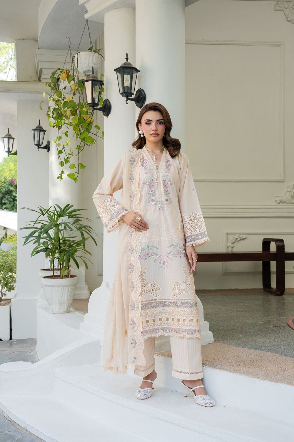 Buttercream Embroidered Lawn Suit Online in Dubai UAE Abudhabi Ajman Sharjah