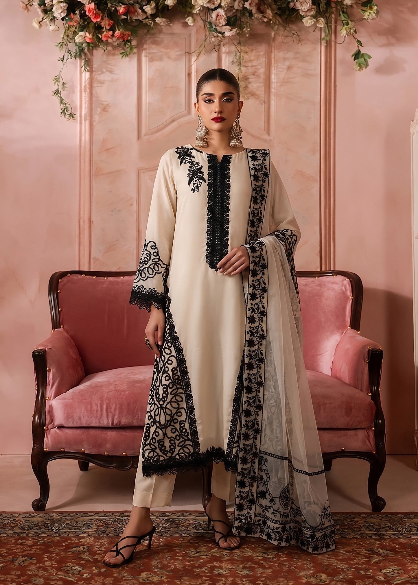 Buy Beige Embroidered Chiffon Kurta with Net Dupatta Online in Dubai DXB UAE Abudhabi Meena Bazaar